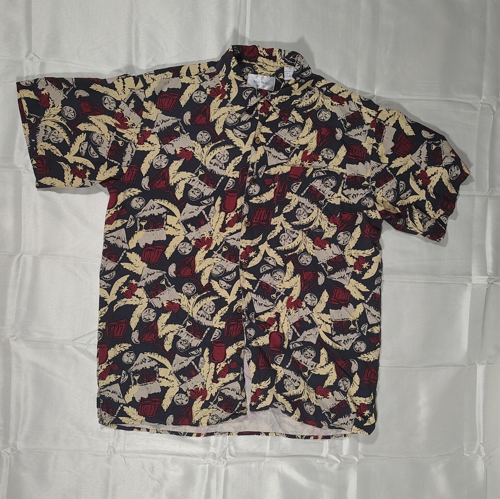 Bill Blass 100% Silk Tiki Hut Cocktail Hawaiian Shirt L Red Black Yellow